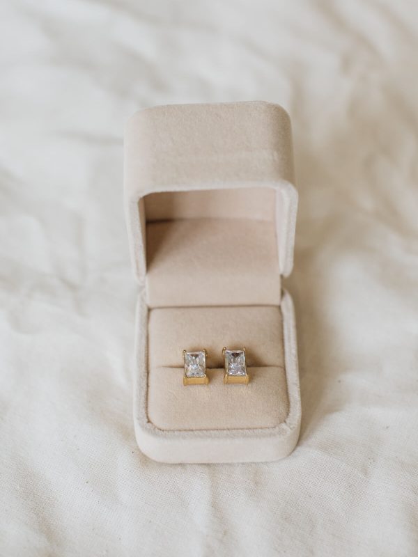 The Matrix Studs by Bone & Ivory, rectangular cubic zirconia studs in 14K gold-plated stainless steel