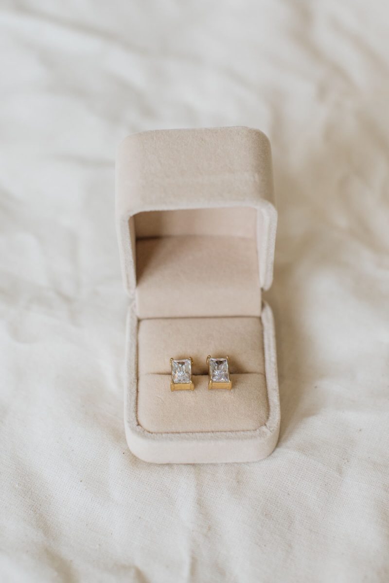 The Matrix Earrings 1 The Matrix Studs by Bone & Ivory, rectangular cubic zirconia studs in 14K gold-plated stainless steel