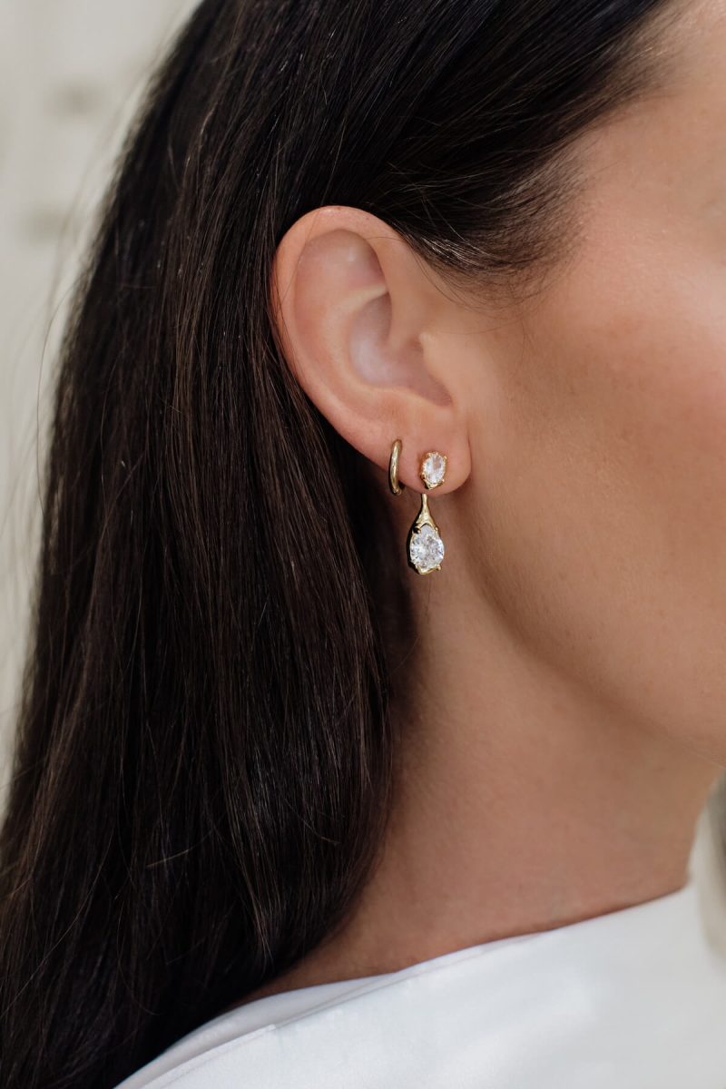 The Sidonie Earrings 4 The Sidonie Earrings by Bone & Ivory, oval zircon studs with removable teardrop zircon drops in sculpted gold-plated settings